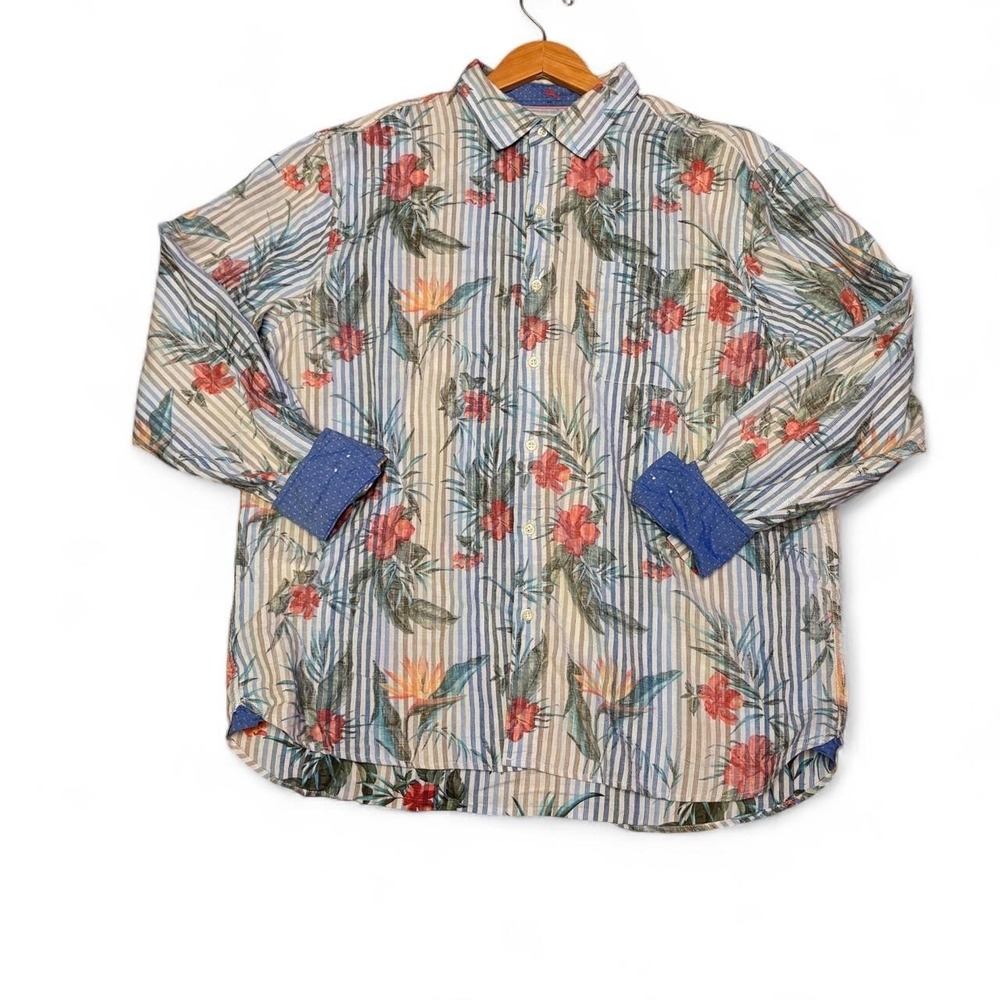 Tommy Bahama Men XL Blue Floral Villa Linen Sorona Long Sleeve Shirt IslandLuxe